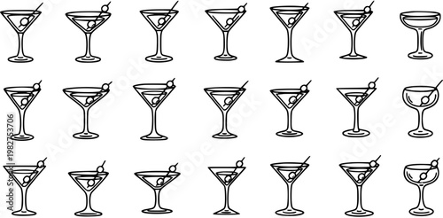 Black and White Line Art Martini Glasses Collection - Abstract Bar Drinks Iconography