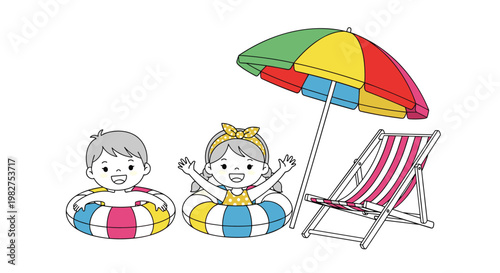 Two happy children in colorful swim rings playing at the beach next to a striped lounge chair and a multi colored sun umbrella.