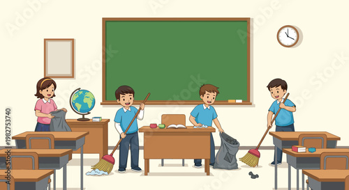 Group of industrious school children working together to sweep the floor, dust wooden desks, and clean their classroom after school.