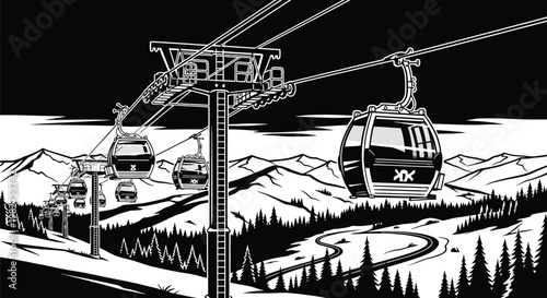 Mountain cable cars, ski resort transportation, winter landscape, black and white vector