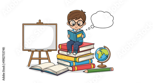 Inspired young boy sitting on a stack of books and reading while imagining new creative ideas next to a globe and a white board.