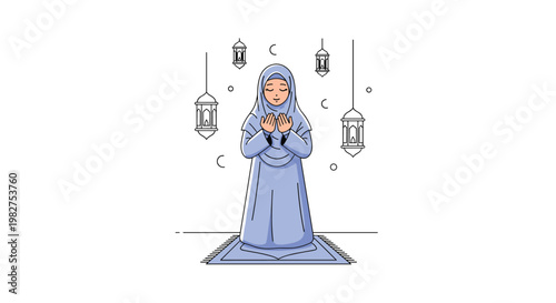 Devout young Muslim woman wearing a blue hijab and long dress praying on a traditional rug with hanging lanterns and a moon symbol.