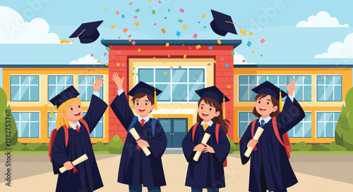 Four happy graduates in dark gowns and caps throwing colorful confetti in front of their school building on their graduation day.