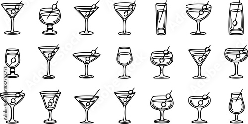 Black and White Line Art Set of Various Cocktail Glasses and Drinks, Food and Beverage Icon