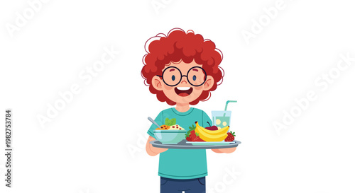 Happy young boy with glasses and red curly hair carrying a tray filled with a healthy breakfast of fruit, cereal, and juice.