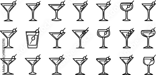 Black and White Line Art Cocktail Glasses Icons Set for Beverage Industry. Outline Glyph Collection of Martini, Coupe, and Whiskey Drink Glasses.