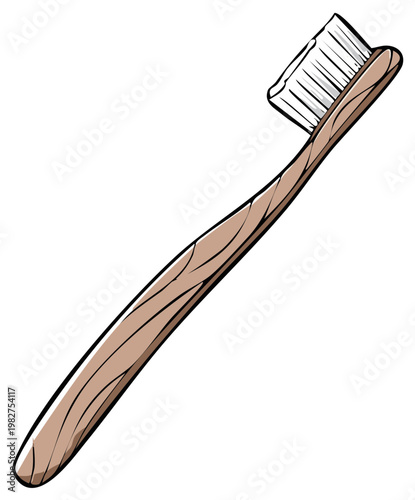 Wooden toothbrush with white bristles cartoon illustration on a white background