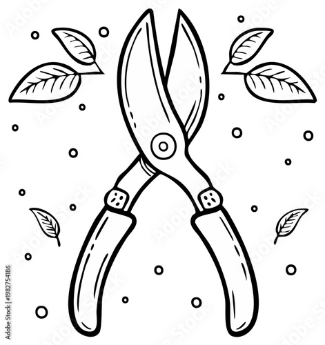 Line art illustration of garden shears with leaves for design projects, gardening and horticulture content