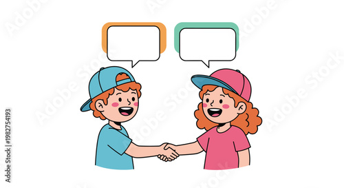 Little boy and girl shake hands to make a friendly agreement with empty speech bubbles floating above their heads.