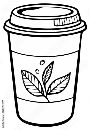 Hand-drawn illustration of a disposable coffee cup with a tea leaf design and lid