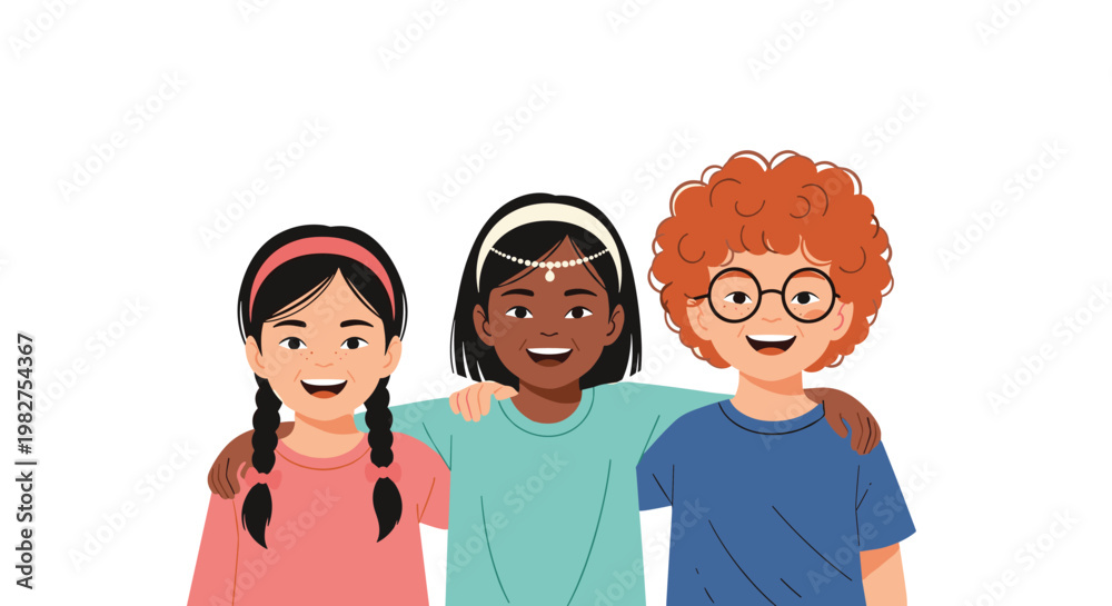 Fototapeta premium Three children of different ethnic backgrounds stand close together with arms around each other to show strong friendship.