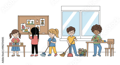 Group of primary school students take part in various activities like sweeping the floor and playing with blocks in class.