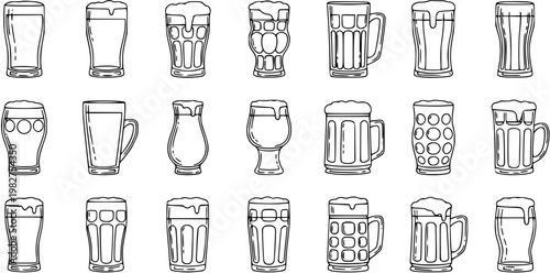 Beer Glasses and Mugs Black  White Line Art Vector Set. Outline Icons for Brewing, Pub, Bar, Alcohol, and Beverage Industry Design Elements.