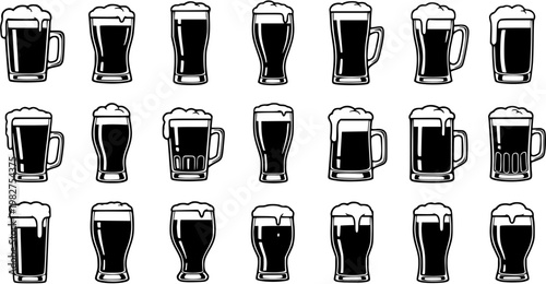 Black and White Line Art Beer Glasses and Mugs Icon Set. Vector glyphs for Food and Drink Industry, Bars, Pubs, Beverages, and Craft Beer Menus.