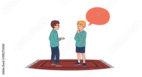 Two young boys stand on a patterned rug and engage in a thoughtful conversation with a large red speech bubble above.