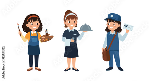 Three girls illustrate different career paths including an artist, a waitress, and a mail carrier to inspire future goals.