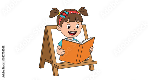 Happy little girl with a flowered headband reads an orange hardcover book while it rests on a wooden book stand.