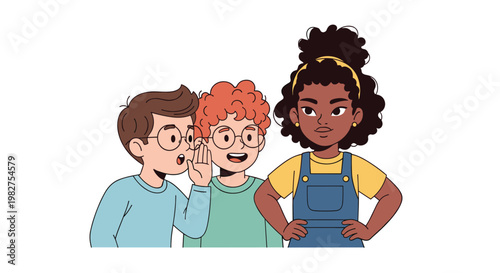 Two boys whisper a secret to each other while a girl in denim overalls stands nearby with her hands on her hips.