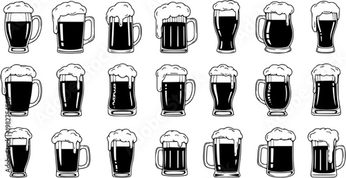 Food and Drink Black and White Line Art Beer Mugs and Glasses Vector Set with Frothy Foam  Bar and Pub Beverage Icons Collection