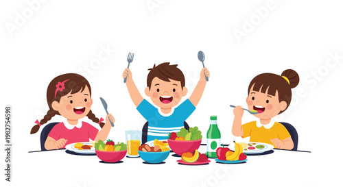 Three happy children enjoy a nutritious meal at a table filled with bowls of fresh salad, fruit, and healthy juice.
