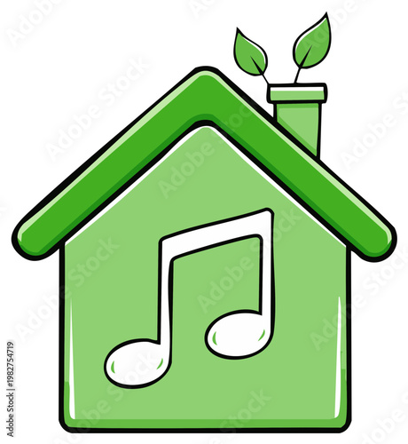 Green house silhouette with music note and leaves representing nature's songs.