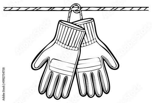 Pair of gloves hanging on a line, line art