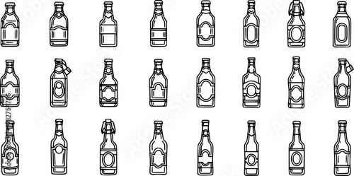 Beer Bottles Line Art Icon Set - Outline Vector Collection of Alcoholic Beverages for Craft Beer, Brewery, and Drink Industry Designs
