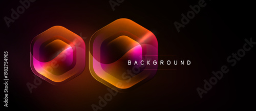 Dark background features two overlapping hexagonal shapes. Vibrant orange, pink hues create glowing effect. Text reads background.