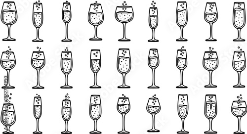 Black  White Line Art Hand-drawn Collection of Sparkling Champagne and Wine Glasses with Bubbles for Celebration Beverages
