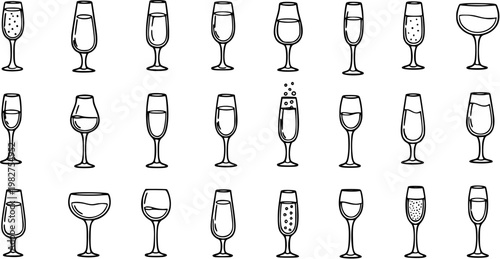 Food and Drink Industry Black and White Line Art Icons: Hand-Drawn Collection of Various Drink Glasses, Wine Glasses, and Champagne Flutes for Beverage Design