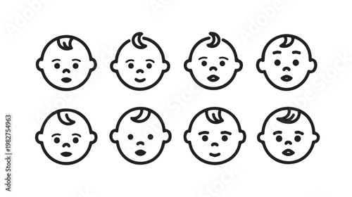 Set of eight baby face icons various expressions black outline on white minimalist stock graphics