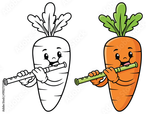 Carrot mascot playing a green flute in line art and color for a cheerful and musical kids coloring page