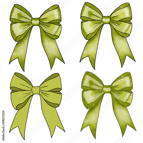 Green Bow Set PNG, Hand Drawn Ribbon Collection with Textures, Isolated on Transparent Background, Decorative Clipart