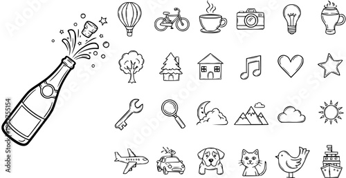 Black and White Line Art Icons: Champagne Bottle Pop, Hot Air Balloon, Bicycle, Coffee, Camera, Lightbulb, Mug, Tree, House, Music Note, Heart, Star, Wrench, Magnifying Glass, Moon, Mountains, Cloud