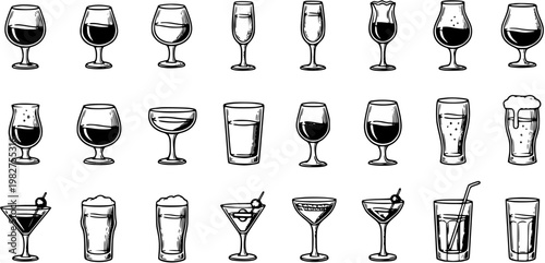 Diverse Alcoholic Drink Glasses Line Art Collection. Hand-drawn Black and White Vector Set of Bar and Beverage Drinkware Icons for Restaurant  Party Menus.