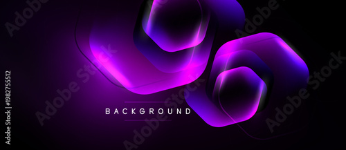 Abstract neon shapes overlap dark background. Vibrant purple, pink hues create dynamic visual effect. Modern design element.