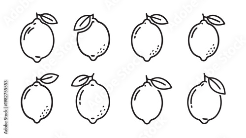 Set of Eight Hand Drawn Lemon Icons with Leaves Simple Outline Fruit Graphics