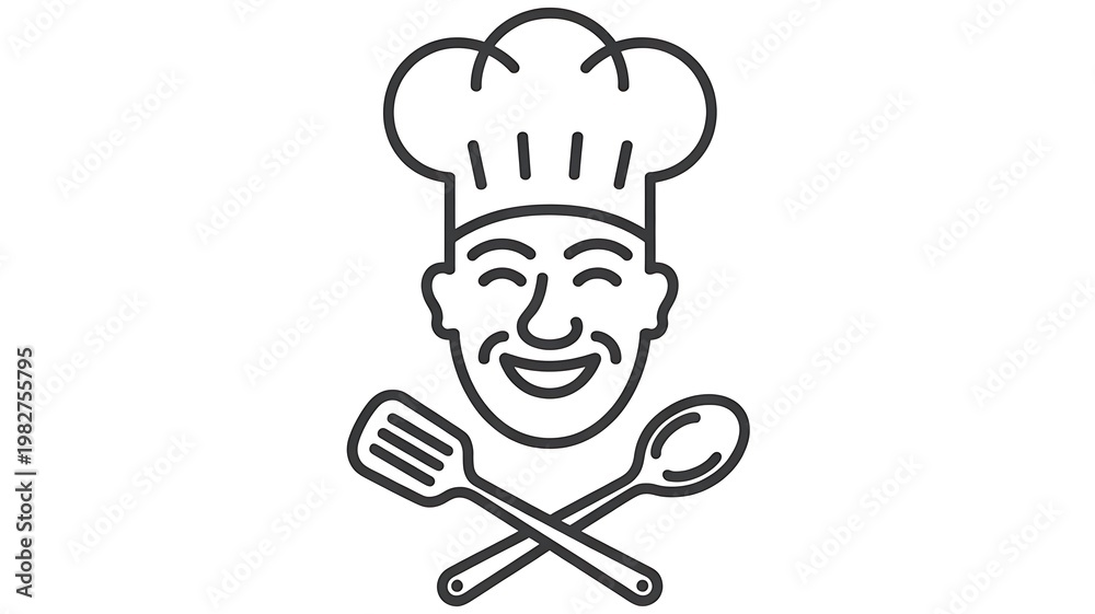 Obraz premium Chef face logo with crossed spoon and spatula line icon for restaurant cooking