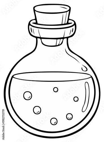 Round glass bottle with cork stopper filled with bubbling liquid and small spheres