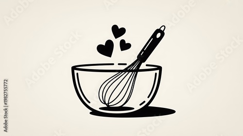 Mixing bowl with whisk and hearts line icon representing baking love and cooking