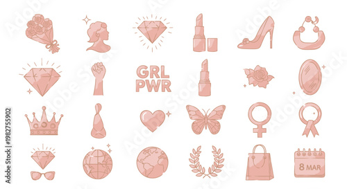 Feminine Icons Set: Rose Gold Beauty, Fashion, and Empowerment Symbols