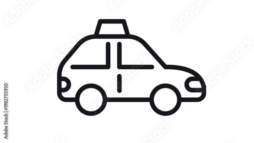 Black line vector icon of a taxi car, minimalist cab vehicle illustration for transportation and city travel concepts, scalable symbol for mobile apps, websites, and graphic design projects.
