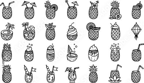 Black and White Line Art Icons Set: Tropical Summer Food and Drink Theme with Pineapple Cocktails, Smoothies, Beverages, and Holiday Vacation Doodles.