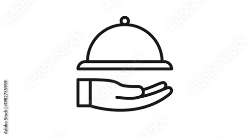 Minimalist black vector icon illustration of a hand holding a cloche food cover, representing catering service, restaurant hospitality, gourmet dining, and professional waiter delivery.