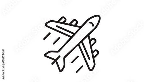 Minimalist black line art vector icon of an airplane in flight with motion lines, representing aviation, travel, transport, and air cargo, isolated on a white background for graphic design.