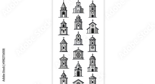 Collection of Hand-Drawn Church Icons and Building Designs