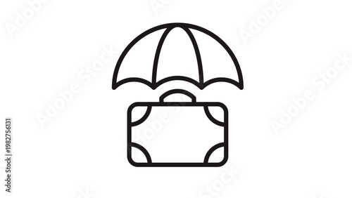 Travel insurance vector icon illustration featuring a suitcase protected under an umbrella, symbolizing luggage safety, baggage security, and trip protection for travelers and tourists.
