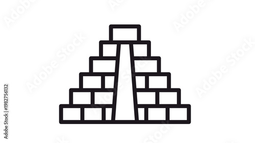 Ancient Mayan or Aztec stepped pyramid temple vector icon illustration, minimalist black line art symbol of Mexican archaeological heritage, historical architecture, and Mesoamerican civilization.