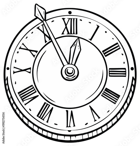 Black and white clock face with Roman numerals showing almost twelve o'clock.