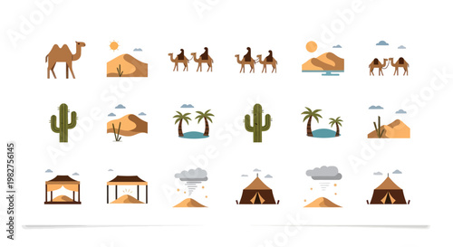 Desert Landscape Icons: Camel Caravan, Cactus, Oasis, Tent, Sand Dunes, Sun & Clouds